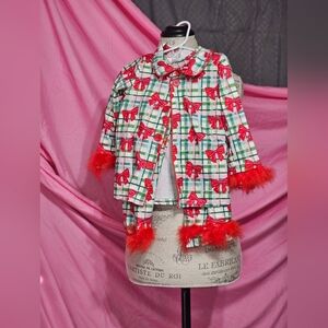 Plaid Jacket with Red Bow Print and Feather Trim